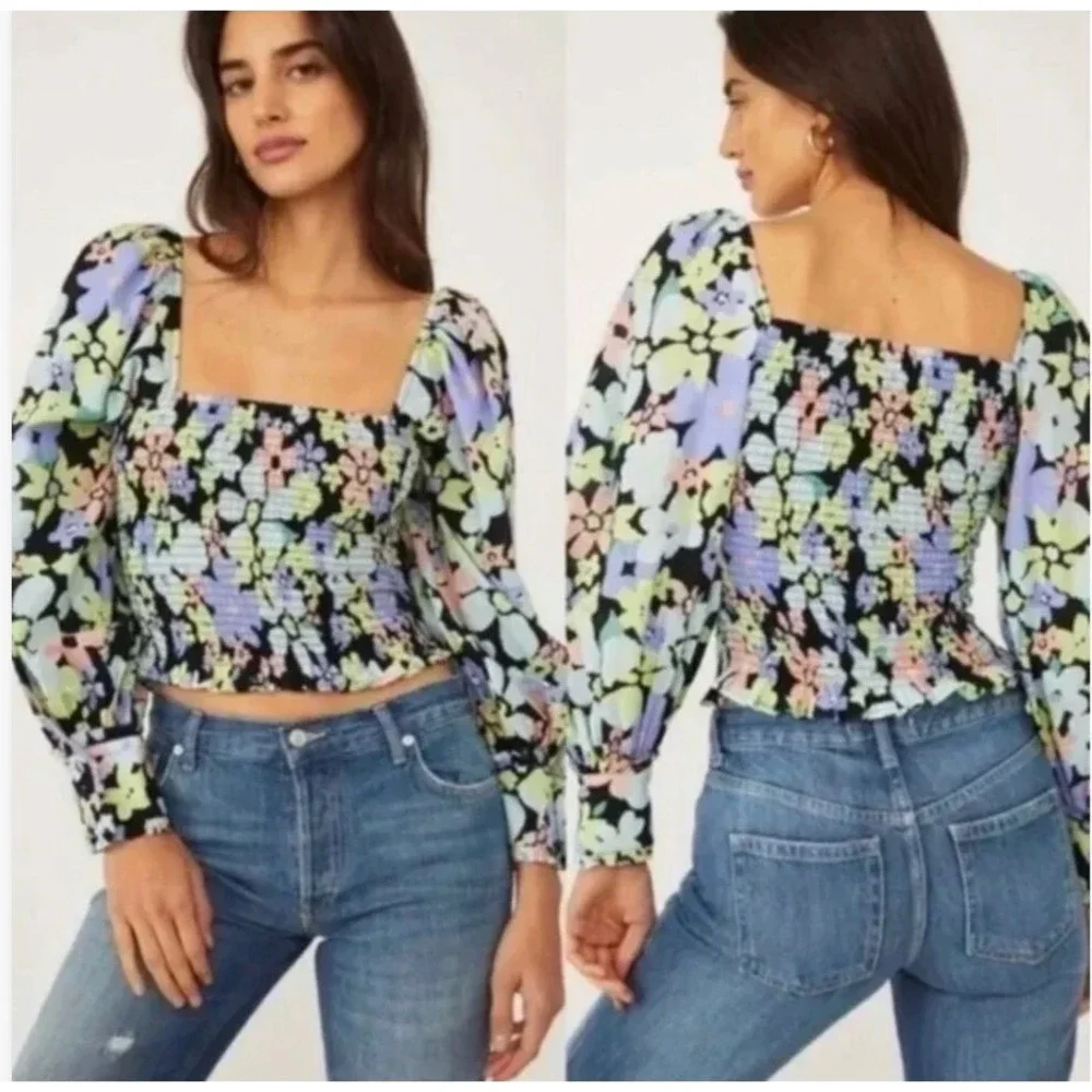 Free People Ariana Printed Top Smocked Floral Puff Sleeve Square Neck XS